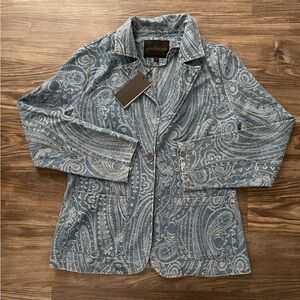 NWT Solitaire Women's Paisley Denim Blazer Jacket, Sz M Cotton‎ Blend W/ Pockets